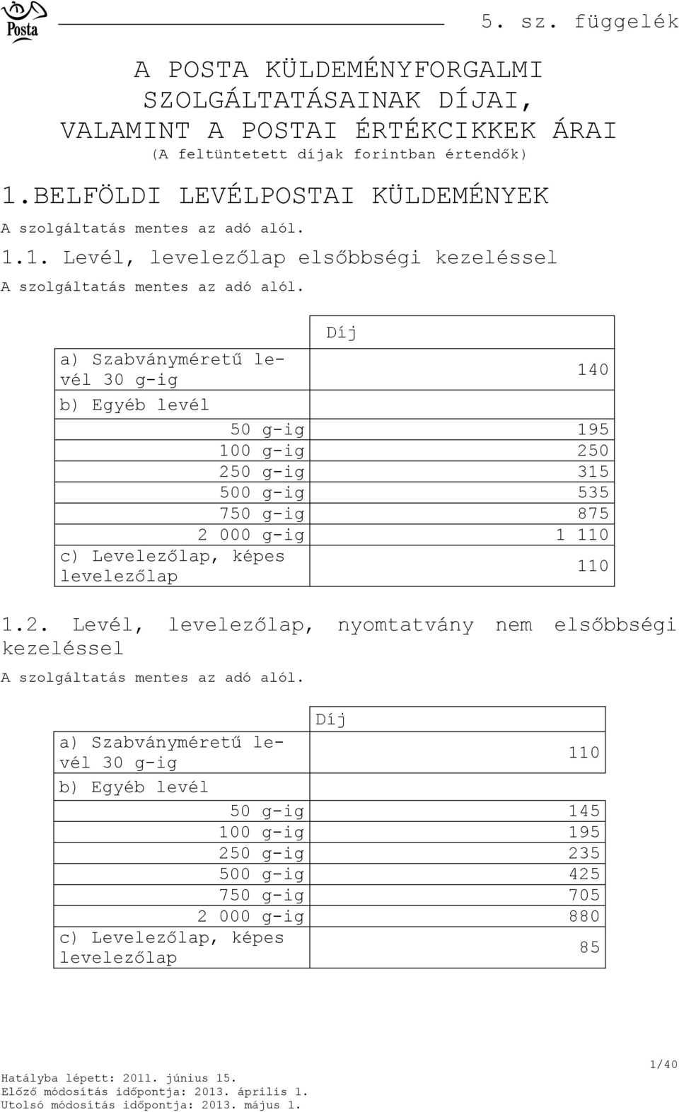 1. Levél, levelezőlap elsőbbségi kezeléssel Díj a) Szabványméretű levél 30 g-ig 140 b) Egyéb levél 50 g-ig 195 100 g-ig 250 250 g-ig 315 500 g-ig 535 750