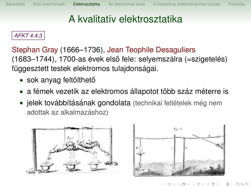1744), 1700-as évek első fele: selyemszálra (=szigetelés) függesztett testek elektromos