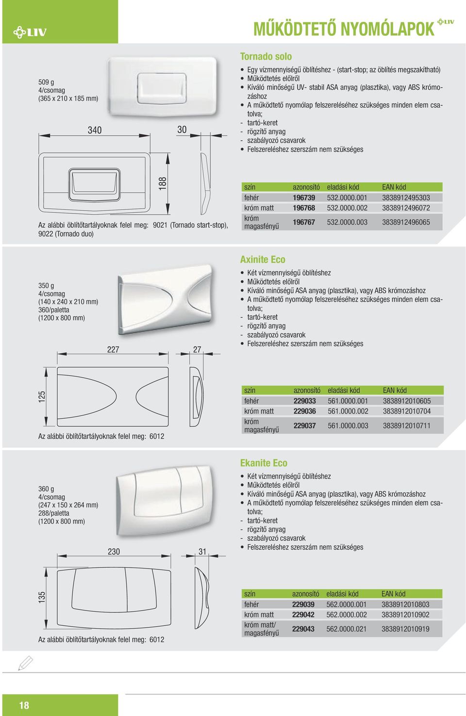 öblítőtartályoknak felel meg: 9021 (Tornado start-stop), 9022 (Tornado duo) szín azonosító eladási kód EAN kód fehér 196739 532.0000.001 3838912495303 króm matt 196768 532.0000.002 3838912496072 króm magasfényű 196767 532.