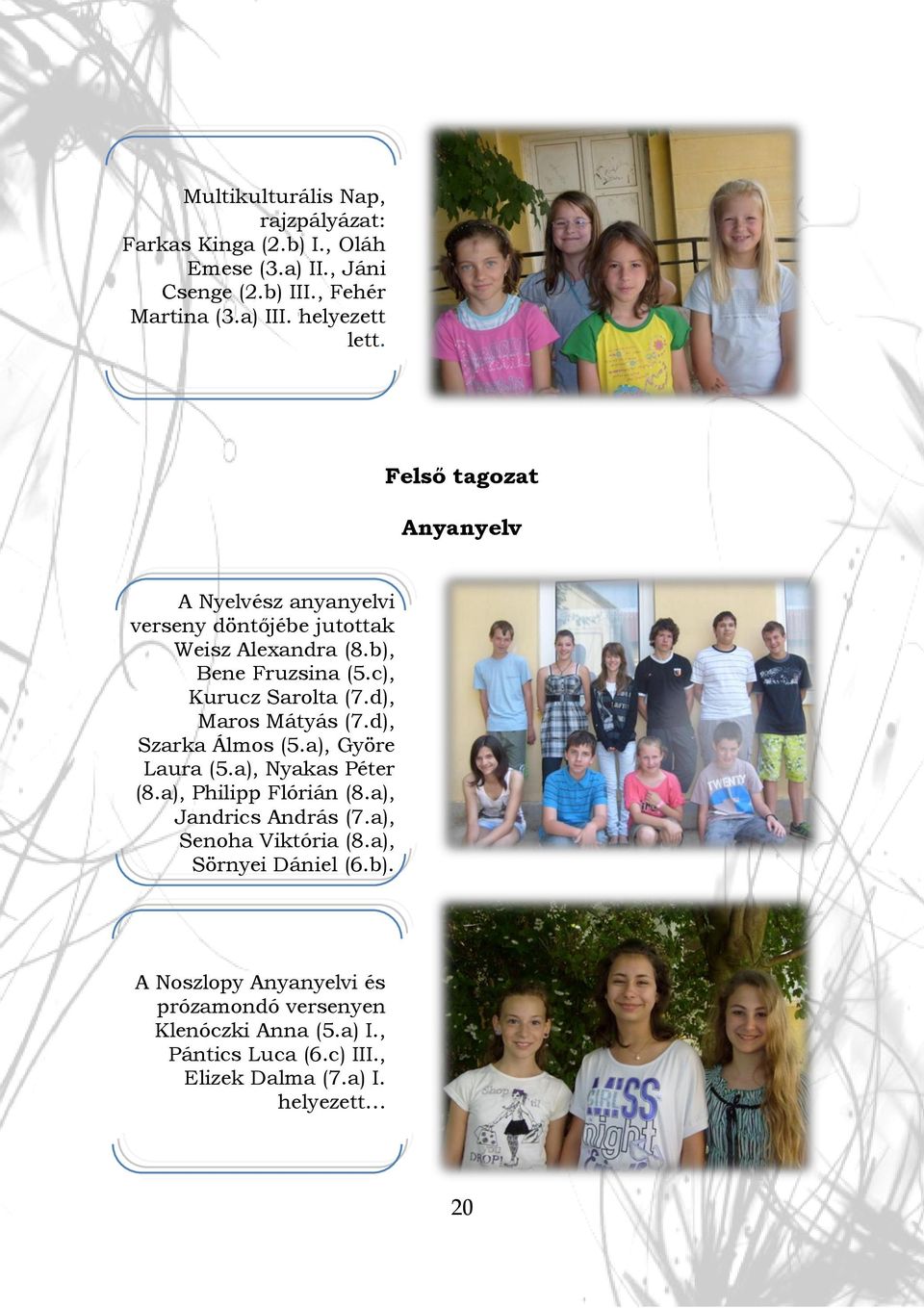 d), Maros Mátyás (7.d), Szarka Álmos (5.a), Györe Laura (5.a), Nyakas Péter (8.a), Philipp Flórián (8.a), Jandrics András (7.