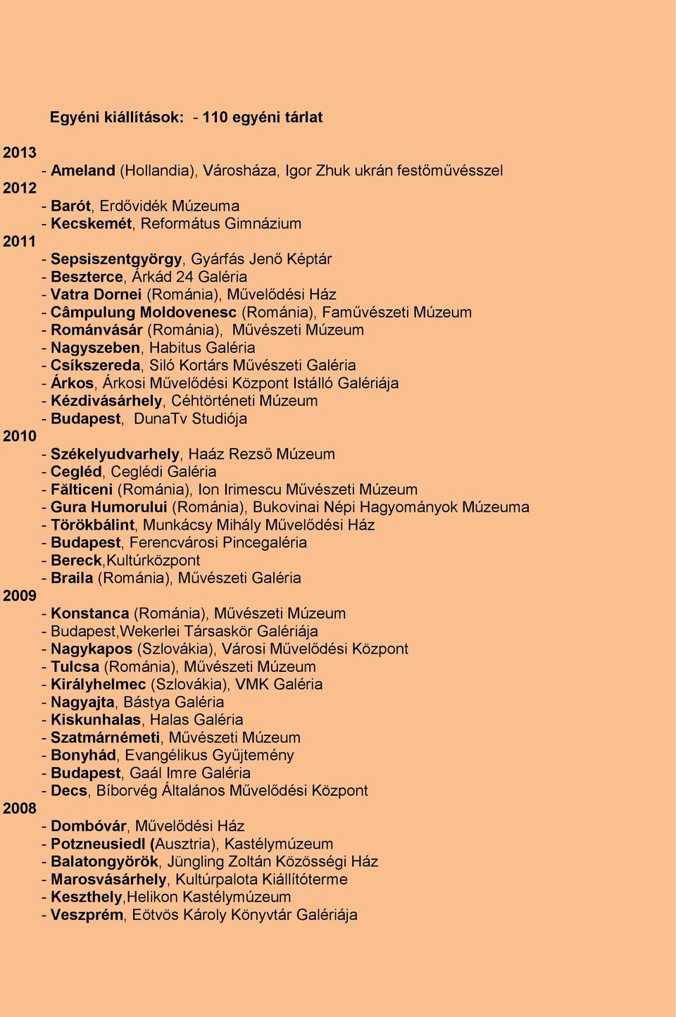 Múzeum - Nagyszeben, Habitus Galéria - Csíkszereda, Siló Kortárs Művészeti Galéria - Árkos, Árkosi Művelődési Központ Istálló Galériája - Kézdivásárhely, Céhtörténeti Múzeum - Budapest, DunaTv
