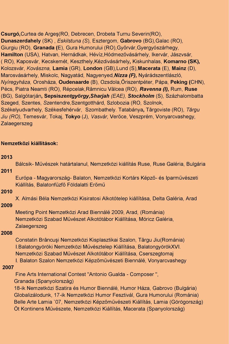 Kovászna, Lamia (GR), London (GB),Lund (S),Macerata (E), Mainz (D), Marosvásárhely, Miskolc, Nagyatád, Nagyenyed,Nizza (F), Nyárádszentlászló, Nyíregyháza, Orosháza, Oudenaarde (B),