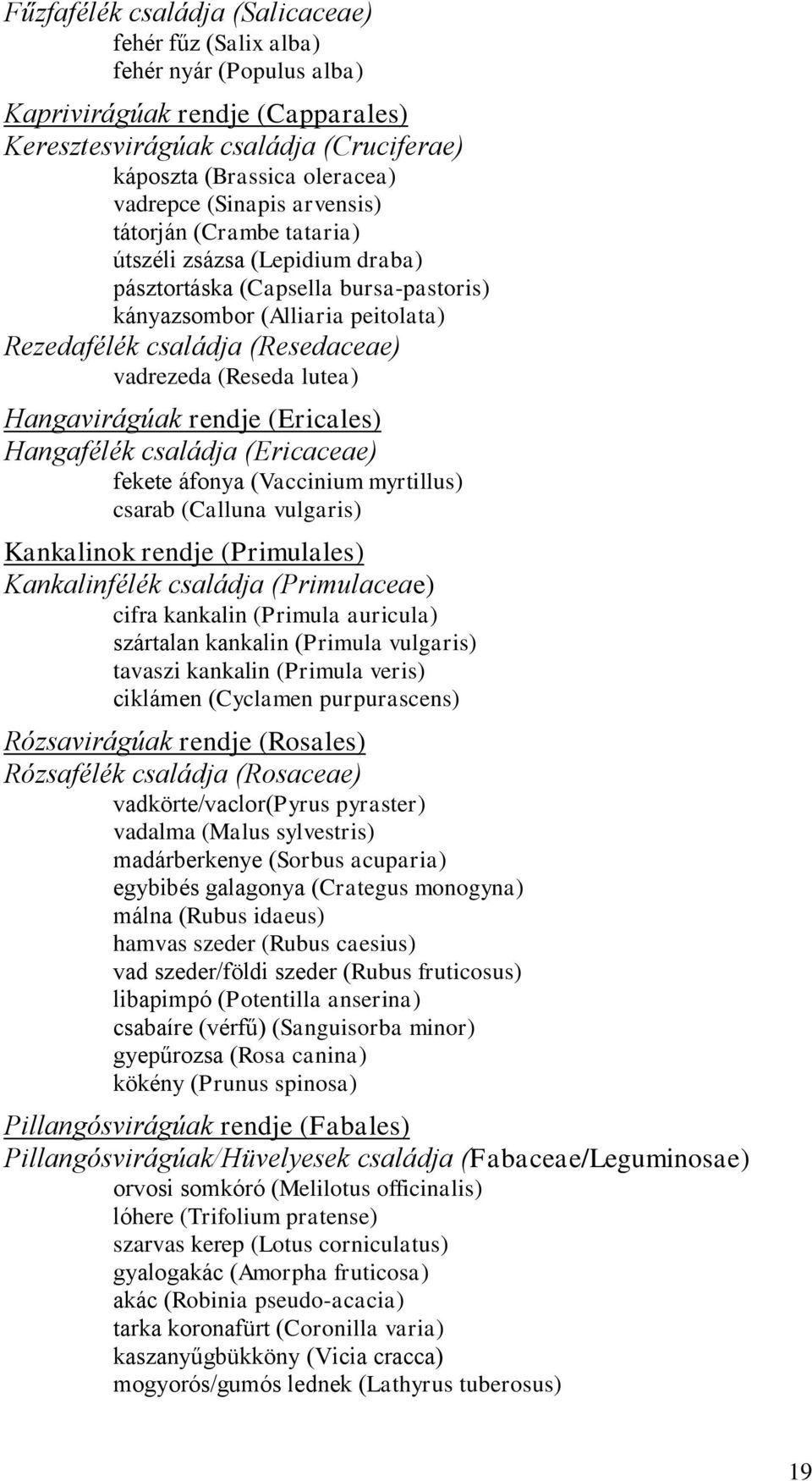 (Reseda lutea) Hangavirágúak rendje (Ericales) Hangafélék családja (Ericaceae) fekete áfonya (Vaccinium myrtillus) csarab (Calluna vulgaris) Kankalinok rendje (Primulales) Kankalinfélék családja