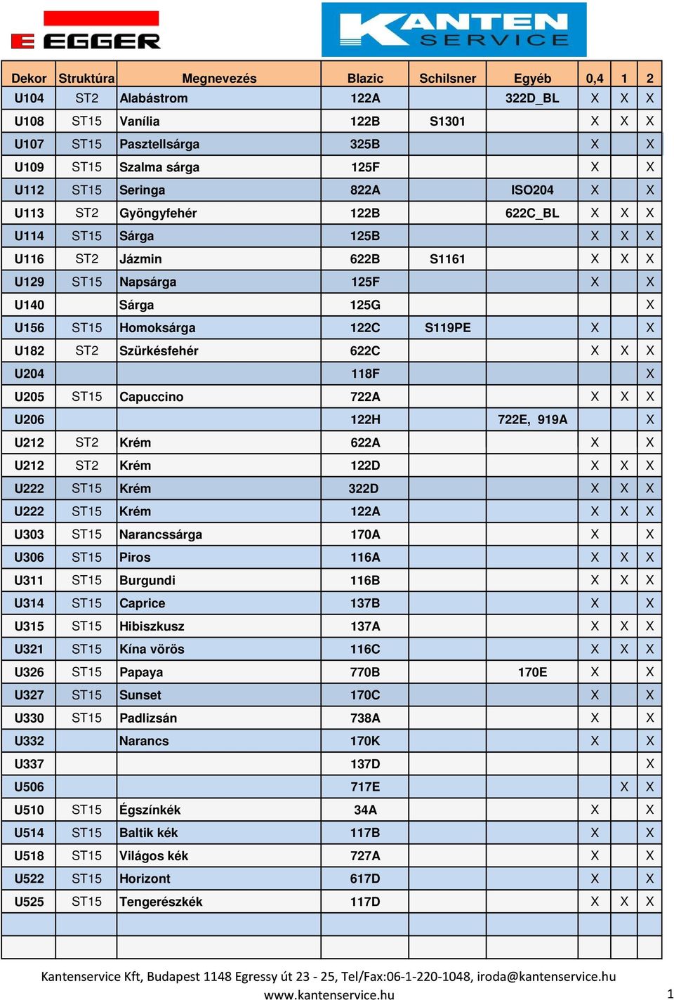 X U205 ST15 Capuccino 722A X X X U206 122H 722E, 919A X U212 ST2 Krém 622A X X U212 ST2 Krém 122D X X X U222 ST15 Krém 322D X X X U222 ST15 Krém 122A X X X U303 ST15 Narancssárga 170A X X U306 ST15