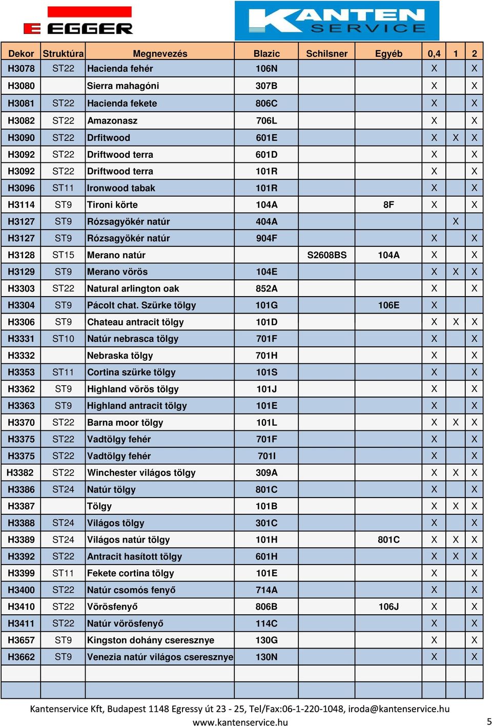 natúr S2608BS 104A X X H3129 ST9 Merano vörös 104E X X X H3303 ST22 Natural arlington oak 852A X X H3304 ST9 Pácolt chat.