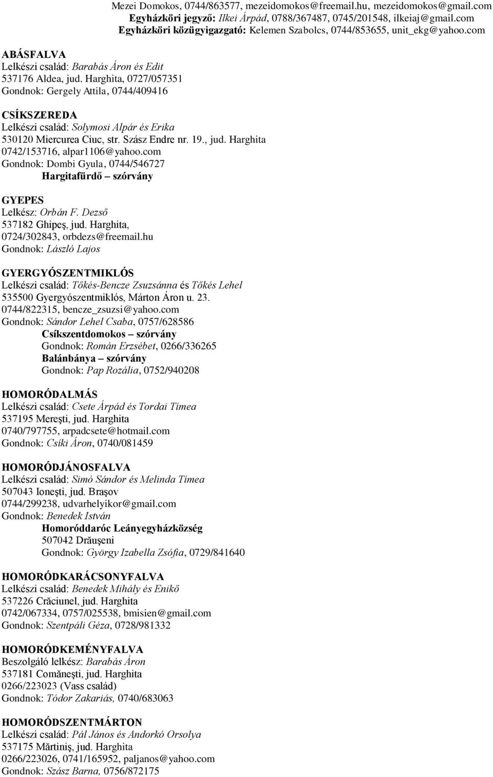 com CSÍKSZEREDA Lelkészi család: Solymosi Alpár és Erika 530120 Miercurea Ciuc, str. Szász Endre nr. 19., jud. Harghita 0742/153716, alpar1106@yahoo.