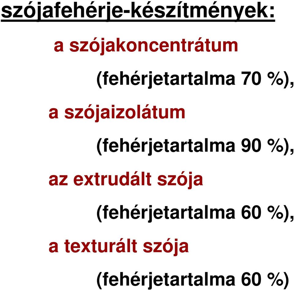 (fehérjetartalma 90 %), az extrudált szója