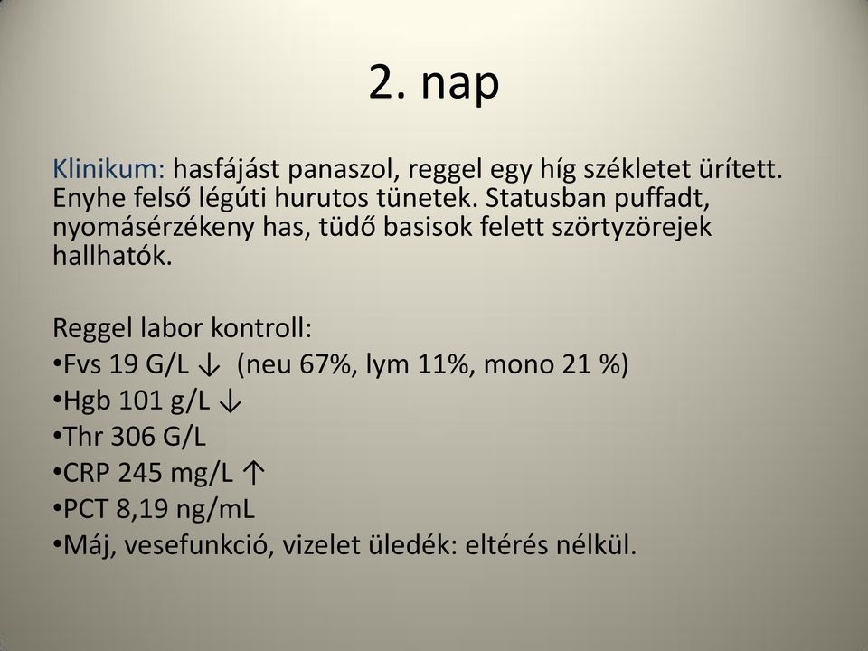 Statusban puffadt, nyomásérzékeny has, tüdő basisok felett szörtyzörejek hallhatók.