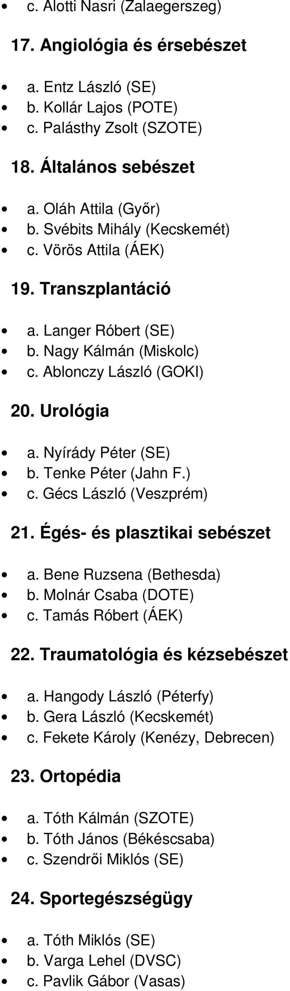 ) c. Gécs László (Veszprém) 21. Égés- és plasztikai sebészet a. Bene Ruzsena (Bethesda) b. Molnár Csaba (DOTE) c. Tamás Róbert (ÁEK) 22. Traumatológia és kézsebészet a. Hangody László (Péterfy) b.