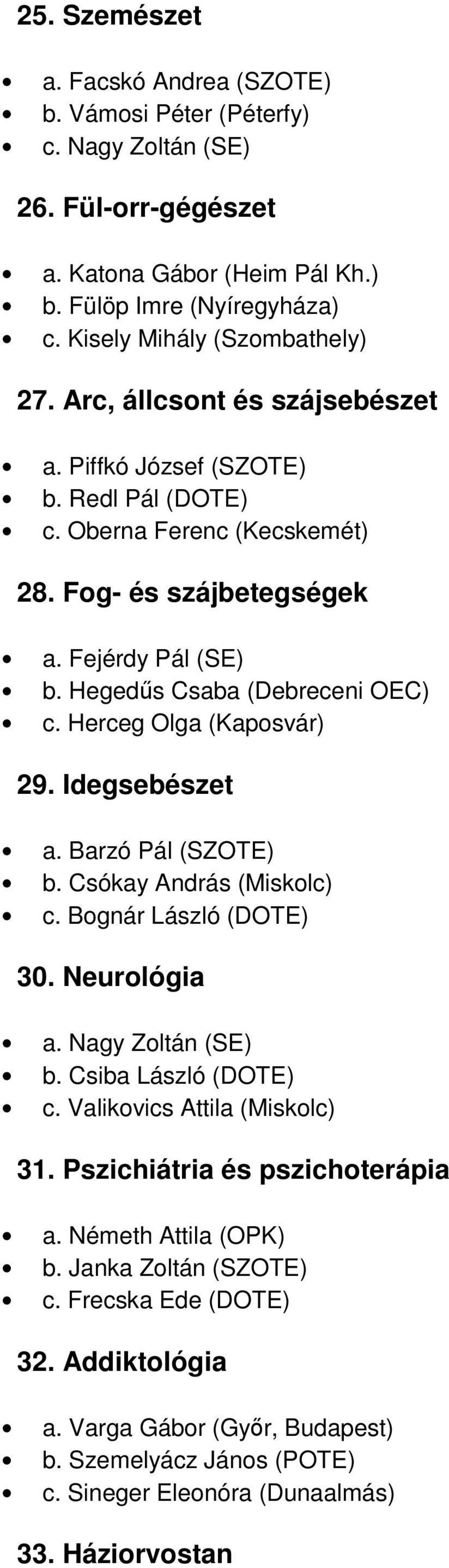 Herceg Olga (Kaposvár) 29. Idegsebészet a. Barzó Pál (SZOTE) b. Csókay András (Miskolc) c. Bognár László (DOTE) 30. Neurológia a. Nagy Zoltán (SE) b. Csiba László (DOTE) c.