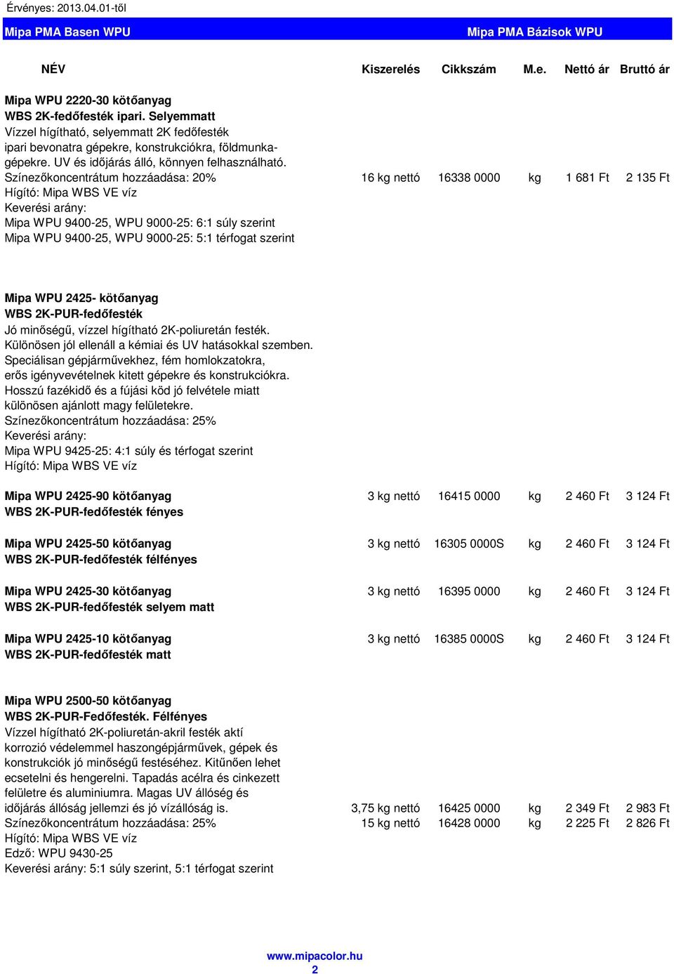 Színezőkoncentrátum hozzáadása: 20% 16 kg nettó 16338 0000 kg 1 681 Ft 2 135 Ft Keverési arány: Mipa WPU 9400-25, WPU 9000-25: 6:1 súly szerint Mipa WPU 9400-25, WPU 9000-25: 5:1 térfogat szerint