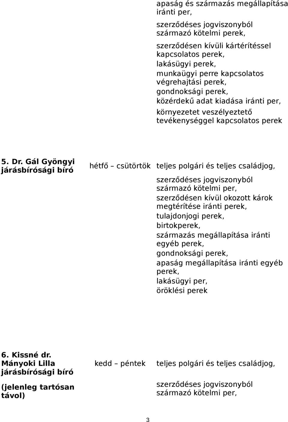 Gál Gyöngyi hétfő csütörtök teljes polgári és teljes családjog, szerződéses jogviszonyból származó kötelmi per, szerződésen kívül okozott károk megtérítése iránti perek, tulajdonjogi perek,