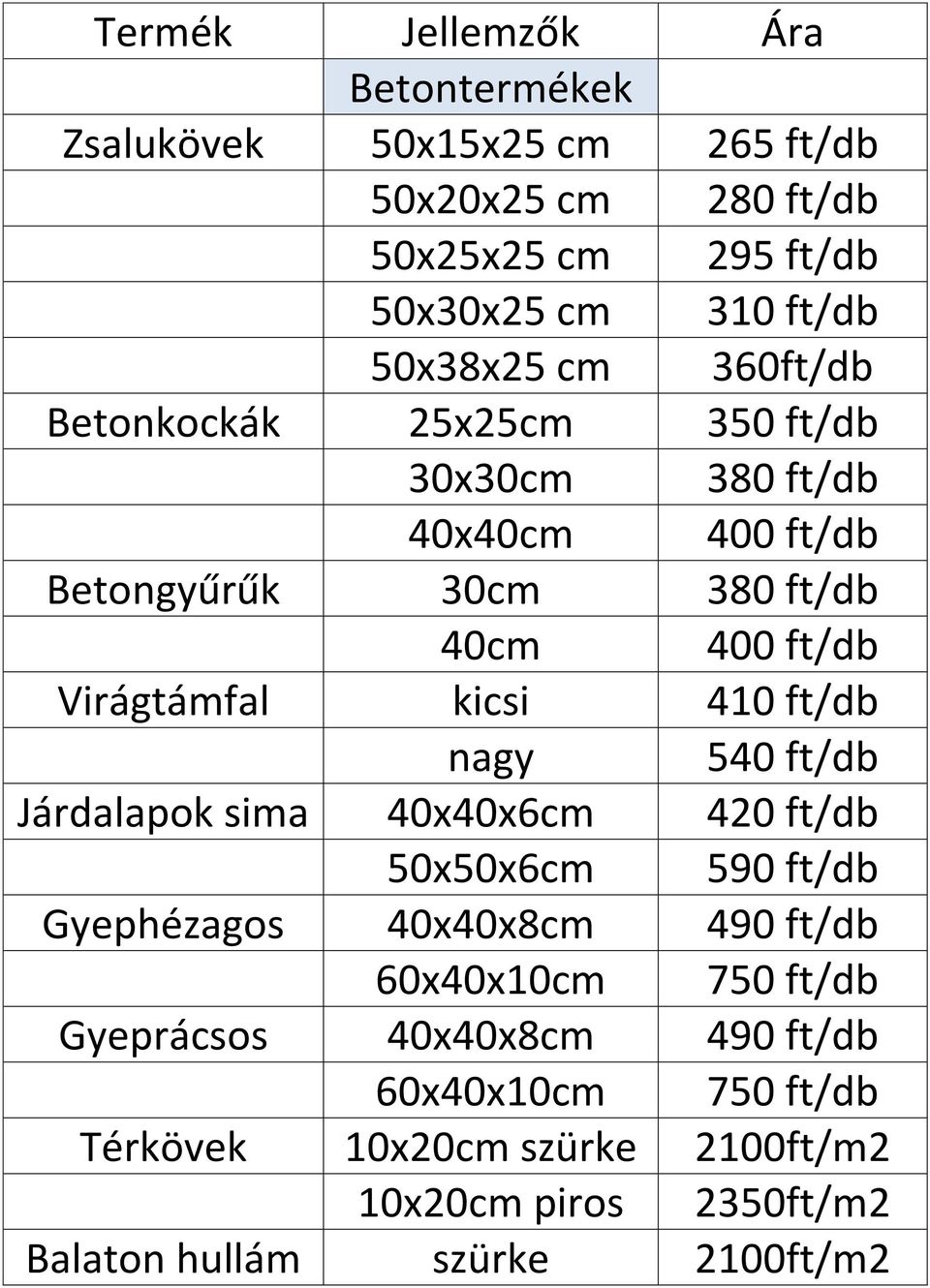 ft/db nagy 540 ft/db Járdalapok sima 40x40x6cm 420 ft/db 50x50x6cm 590 ft/db Gyephézagos 40x40x8cm 490 ft/db 60x40x10cm 750 ft/db