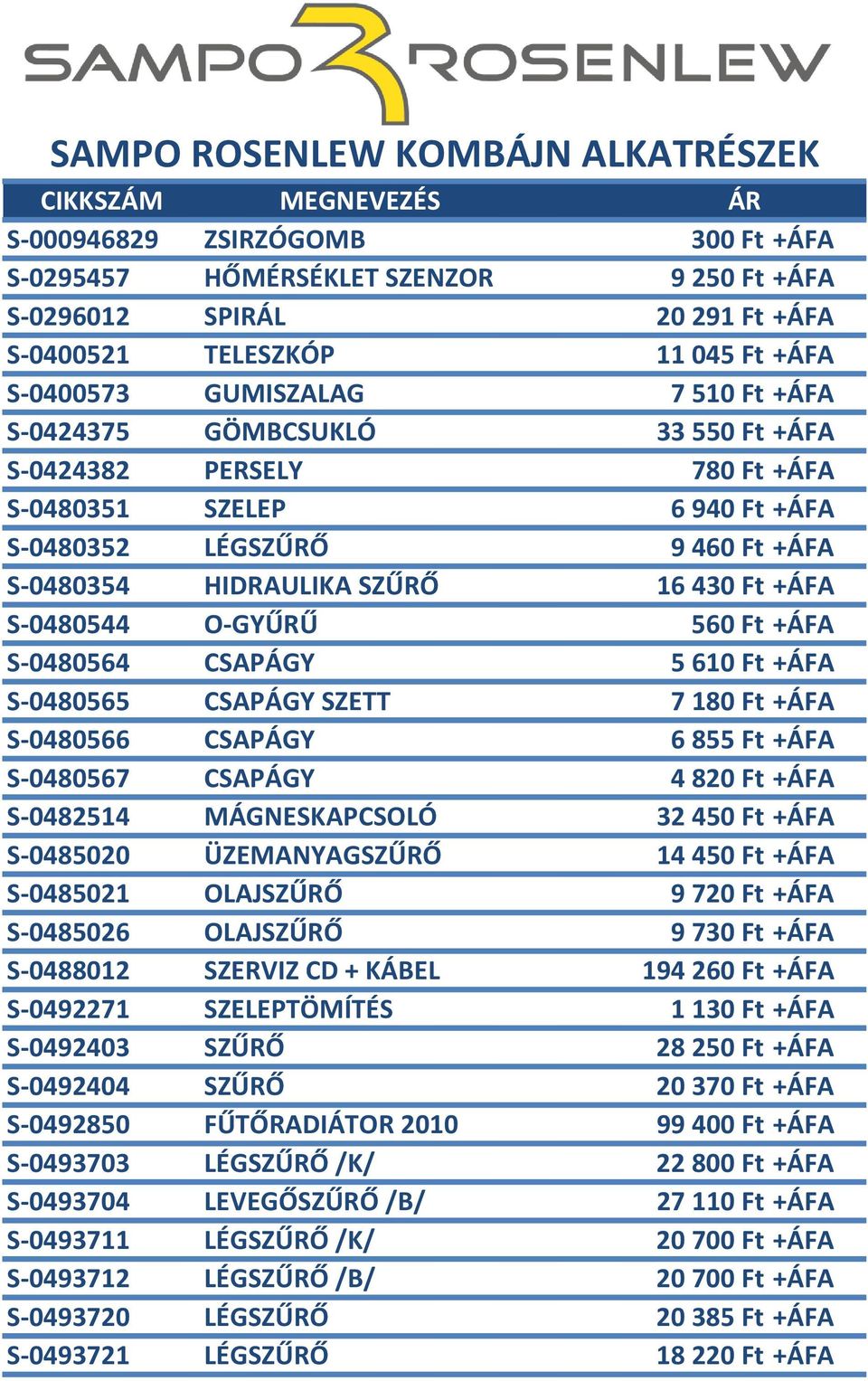 Ft +ÁFA S-0480565 CSAPÁGY SZETT 7 180 Ft +ÁFA S-0480566 CSAPÁGY 6855 Ft +ÁFA S-0480567 CSAPÁGY 4820 Ft +ÁFA S-0482514 MÁGNESKAPCSOLÓ 32450 Ft +ÁFA S-0485020 ÜZEMANYAGSZŰRŐ 14450 Ft +ÁFA S-0485021