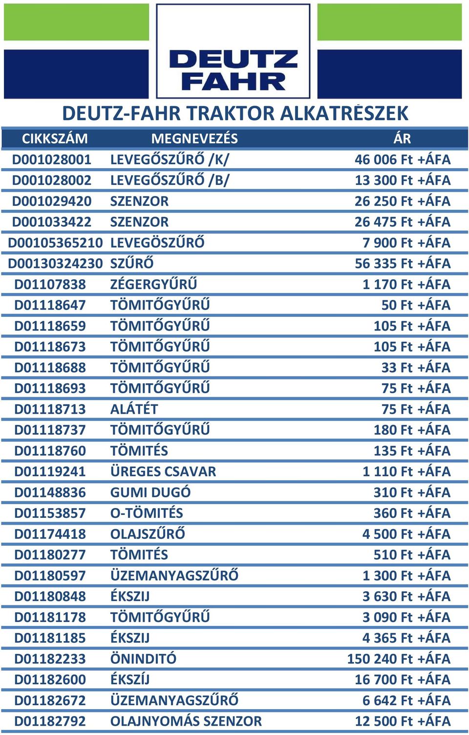 D01118688 TÖMITŐGYŰRŰ 33 Ft +ÁFA D01118693 TÖMITŐGYŰRŰ 75 Ft +ÁFA D01118713 ALÁTÉT 75 Ft +ÁFA D01118737 TÖMITŐGYŰRŰ 180 Ft +ÁFA D01118760 TÖMITÉS 135 Ft +ÁFA D01119241 ÜREGES CSAVAR 1110 Ft +ÁFA