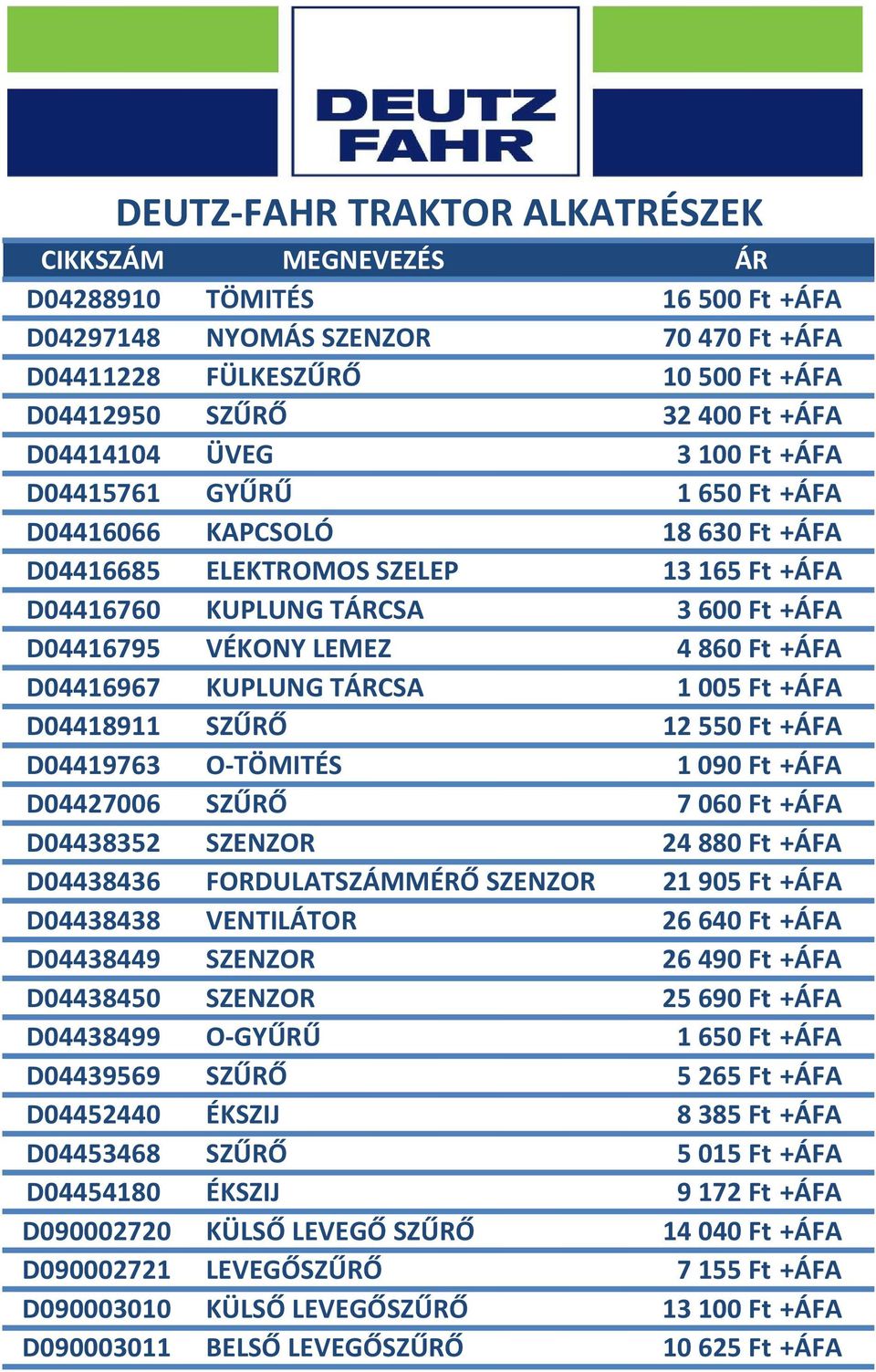 TÁRCSA 1005 Ft +ÁFA D04418911 SZŰRŐ 12 550 Ft +ÁFA D04419763 O-TÖMITÉS 1090 Ft +ÁFA D04427006 SZŰRŐ 7060 Ft +ÁFA D04438352 SZENZOR 24880 Ft +ÁFA D04438436 FORDULATSZÁMMÉRŐ SZENZOR 21905 Ft +ÁFA