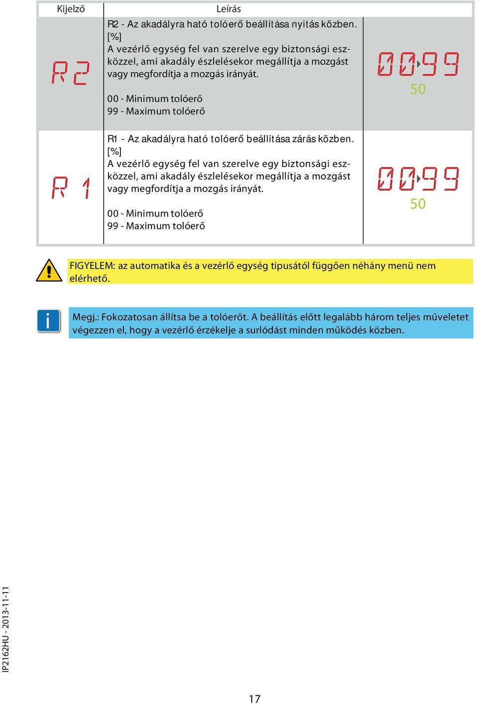 00 - Minimum tolóerő 99 - Maximum tolóerő 50 R1 - Az akadályra ható tolóerő beállítása zárás közben.