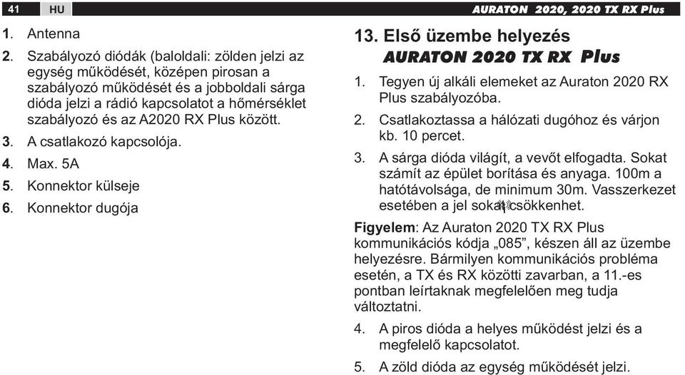 Plus között. 3. A csatlakozó kapcsolója. 4. Max. 5A 5. Konnektor külseje 6. Konnektor dugója 13. Első üzembe helyezés AURATON 2020 TX RX Plus 1.