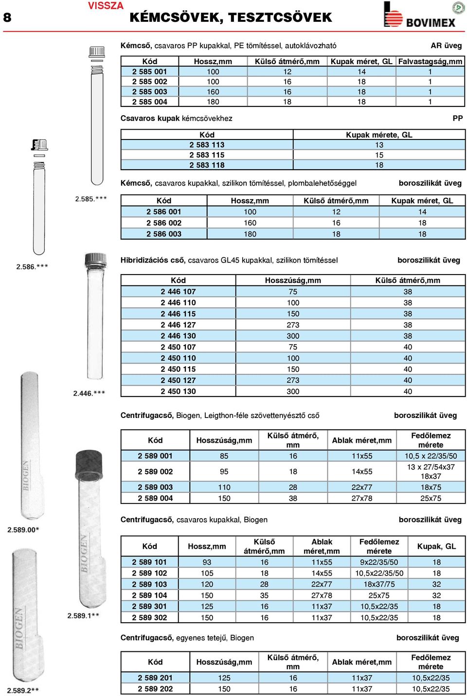 Hossz,mm Külső átmérő,mm Kupak méret, GL 2 586 001 100 12 14 2 586 002 160 16 18 2 586 003 180 18 18 Hibridizációs cső, csavaros GL45 kupakkal, szilikon tömítéssel Hosszúság,mm Külső átmérő,mm 2 446