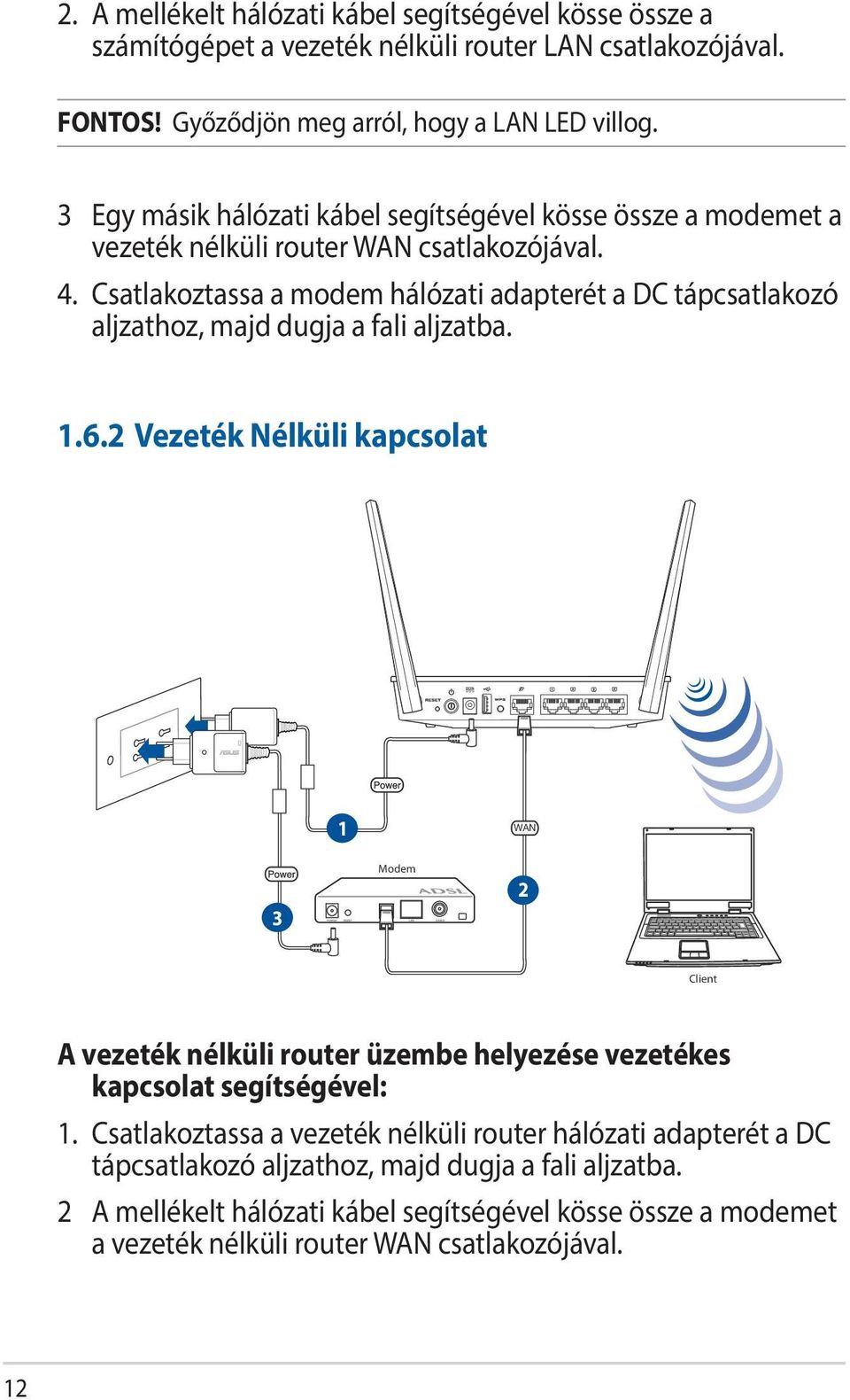 Csatlakoztassa a modem hálózati adapterét a DC tápcsatlakozó aljzathoz, majd dugja a fali aljzatba. 1.6.