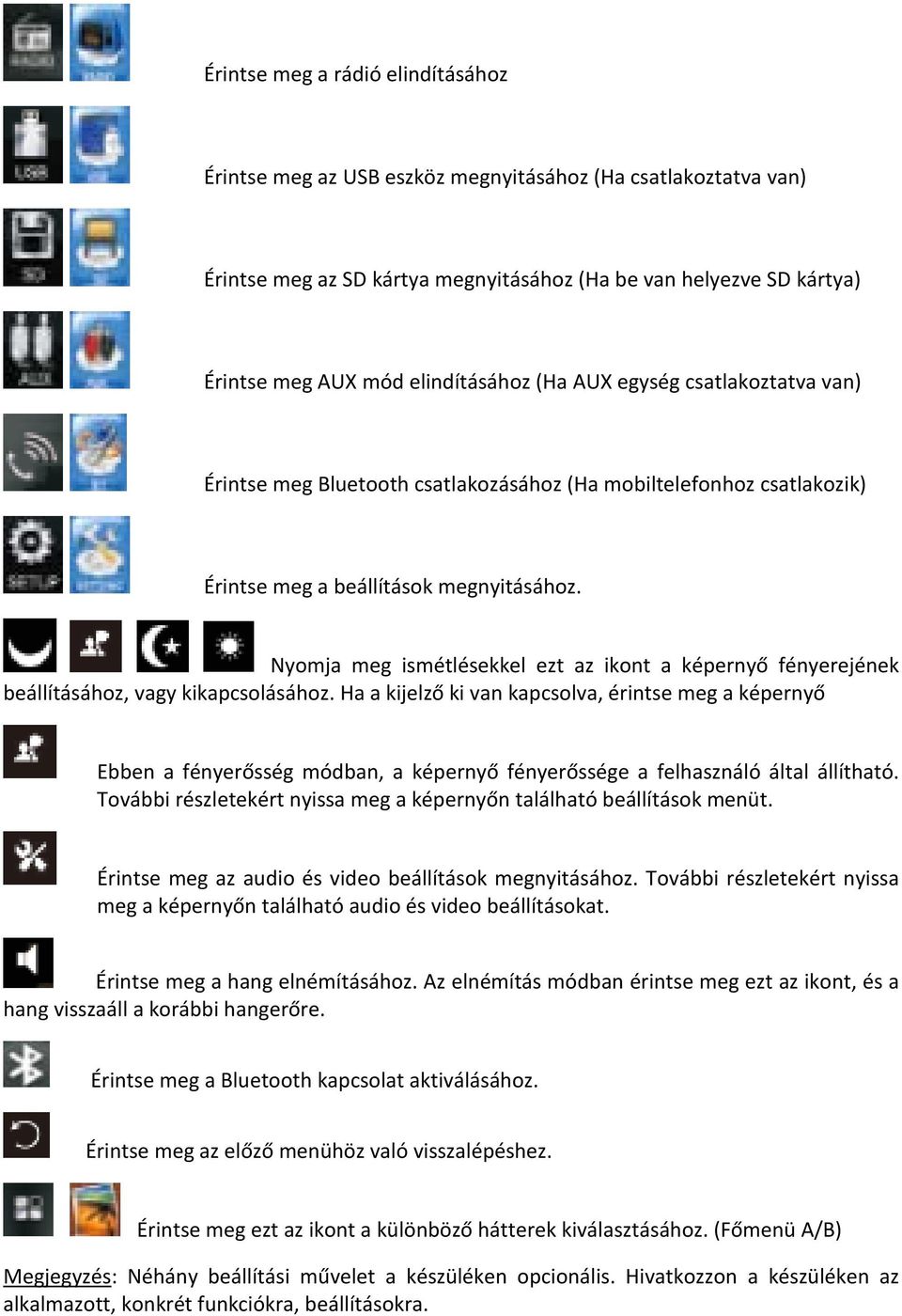 Nyomja meg ismétlésekkel ezt az ikont a képernyő fényerejének beállításához, vagy kikapcsolásához.