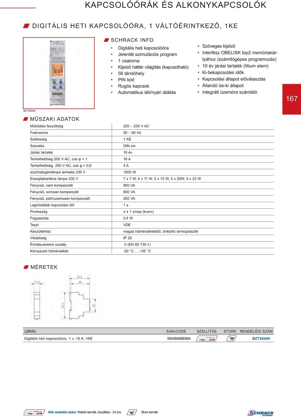 állapot előválasztás Állandó be-ki állapot Integrált üzemóra számláló 167 BZT26440 220 230 V AC 50 60 Hz 1 KE Járási tartalék 10 év 4 A Izzó/halogénlámpa terhelés 230 V 1000 W Energitakarékos lámpa
