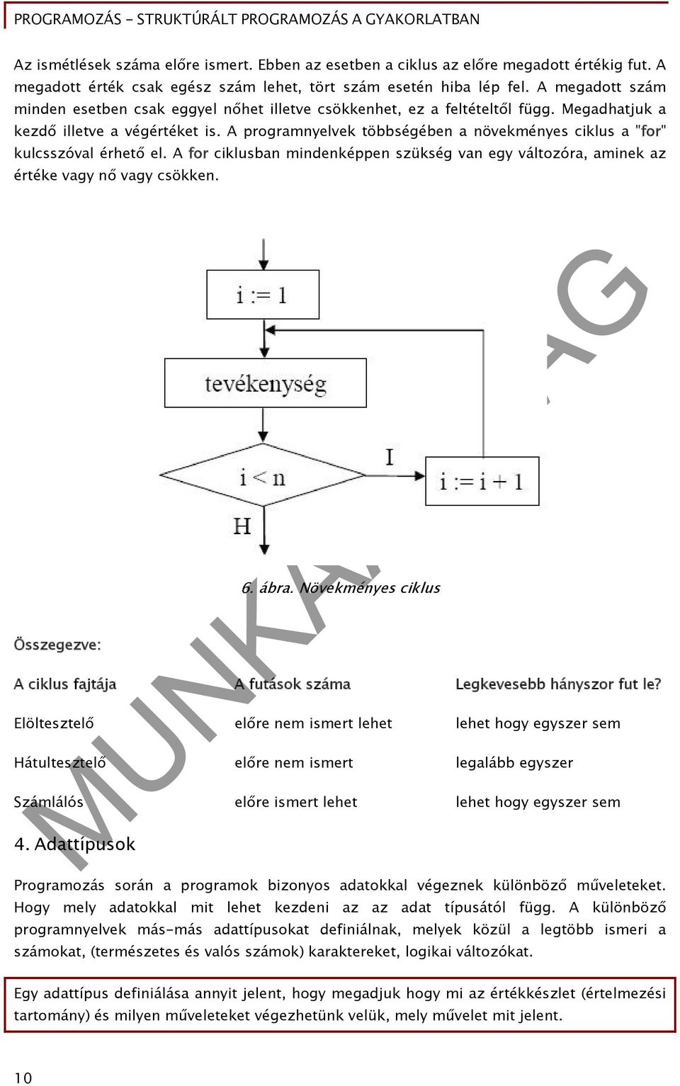 A programnyelvek többségében a növekményes ciklus a "for" kulcsszóval érhető el. A for ciklusban mindenképpen szükség van egy változóra, aminek az értéke vagy nő vagy csökken. Összegezve: 6. ábra.