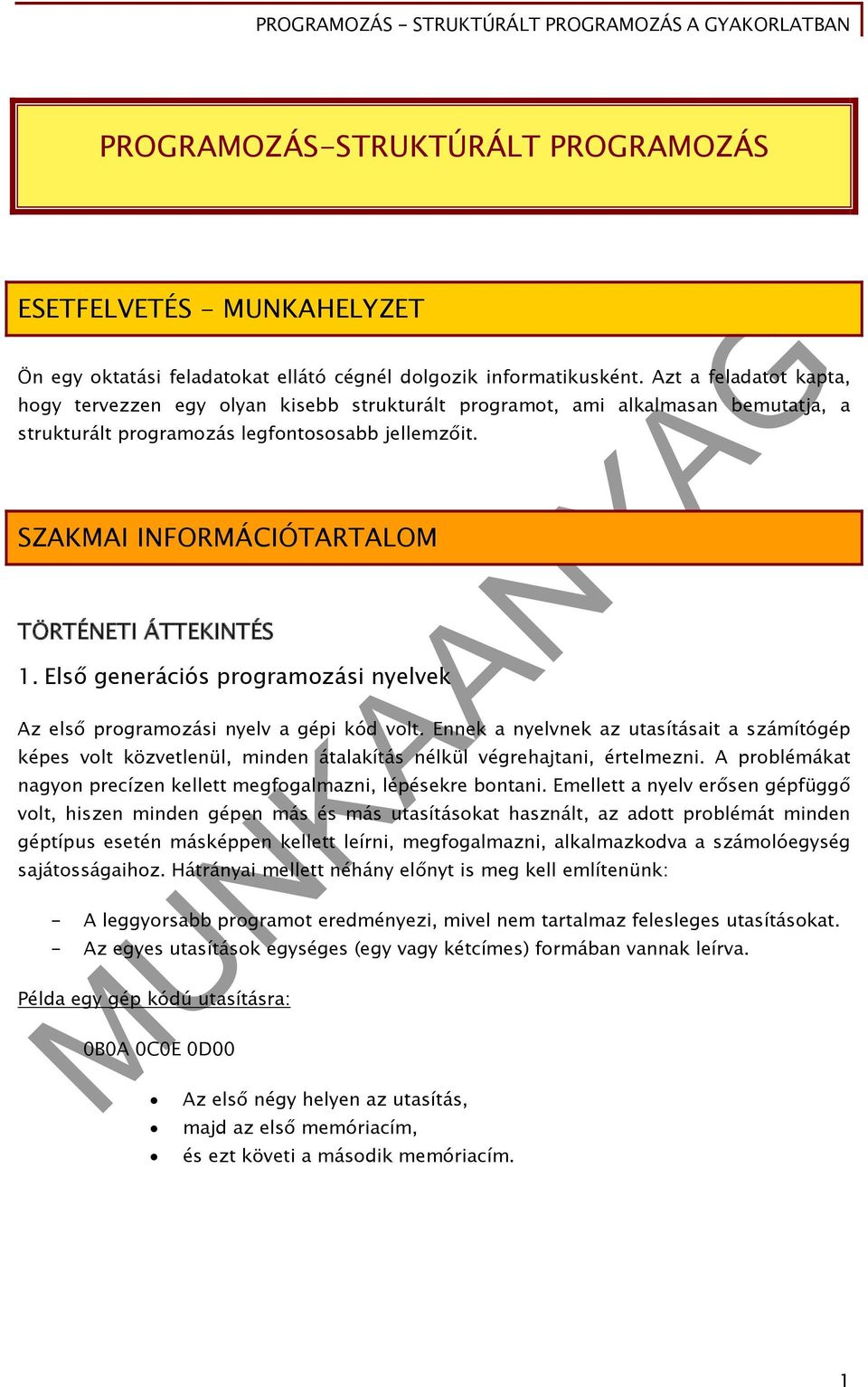 SZAKMAI INFORMÁCIÓTARTALOM TÖRTÉNETI ÁTTEKINTÉS 1. Első generációs programozási nyelvek Az első programozási nyelv a gépi kód volt.