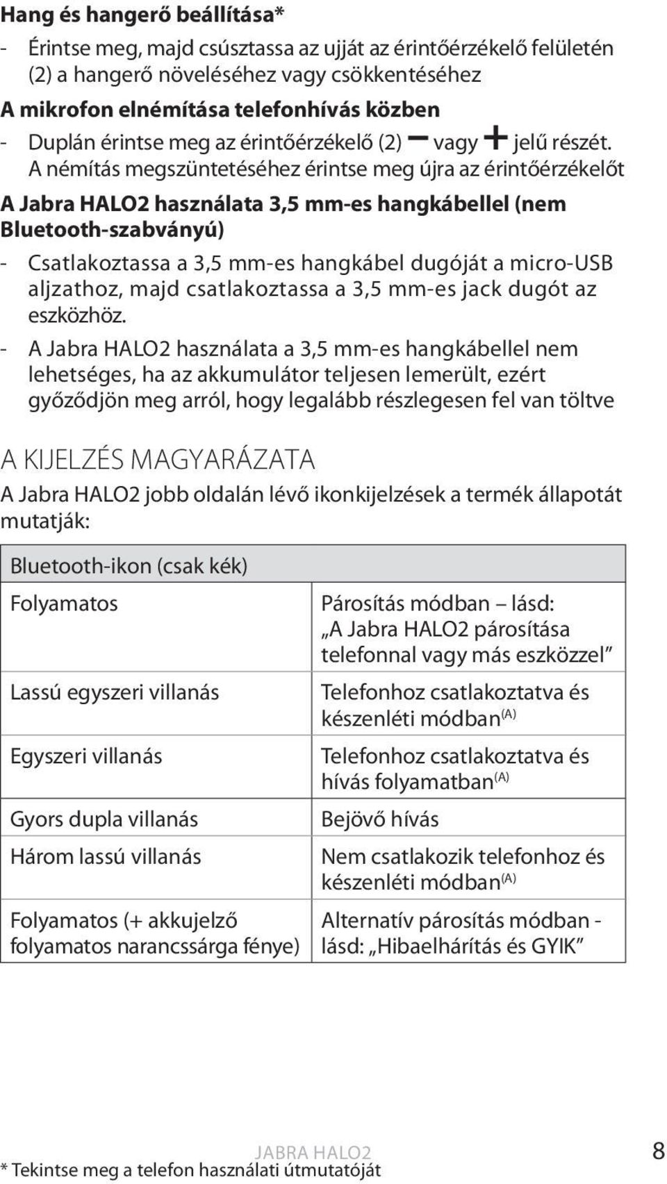 A némítás megszüntetéséhez érintse meg újra az érintőérzékelőt A Jabra HALO2 használata 3,5 mm-es hangkábellel (nem Bluetooth-szabványú) - Csatlakoztassa a 3,5 mm-es hangkábel dugóját a micro-usb