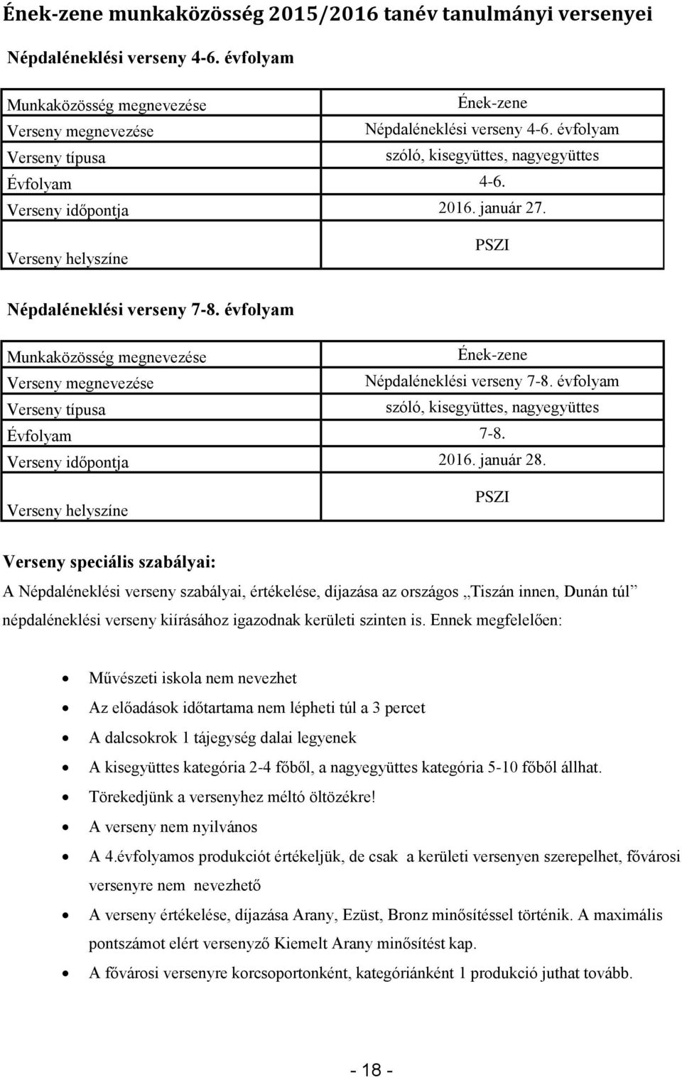 január 28. PSZI A Népdaléneklési verseny szabályai, értékelése, díjazása az országos Tiszán innen, Dunán túl népdaléneklési verseny kiírásához igazodnak kerületi szinten is.