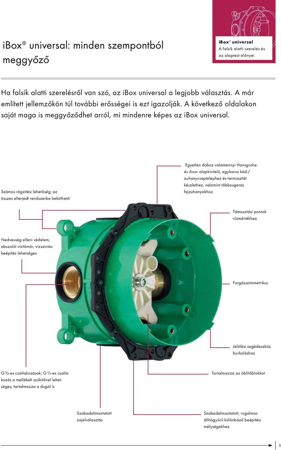 Számos rögzítési lehetőség; az összes elterjedt rendszerbe beköthető Egyetlen doboz valamennyi Hansgrohe és Axor alapkivitelű, egykaros kád-/ zuhanycsaptelephez és termosztát készlethez, valamint