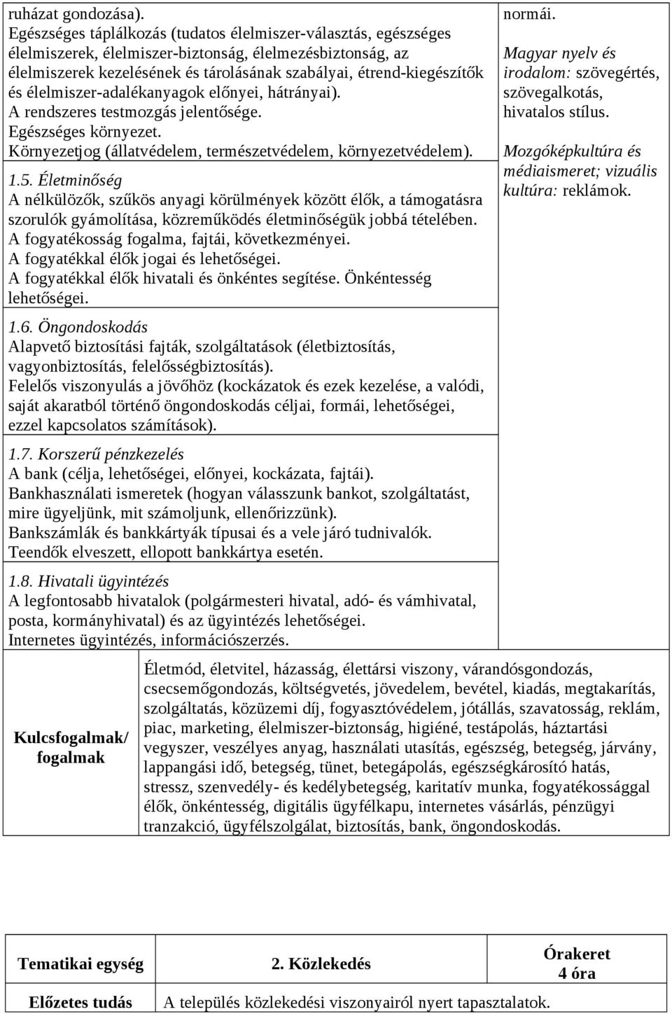 élelmiszer-adalékanyagok előnyei, hátrányai). A rendszeres testmozgás jelentősége. Egészséges környezet. Környezetjog (állatvédelem, természetvédelem, környezetvédelem). 1.5.