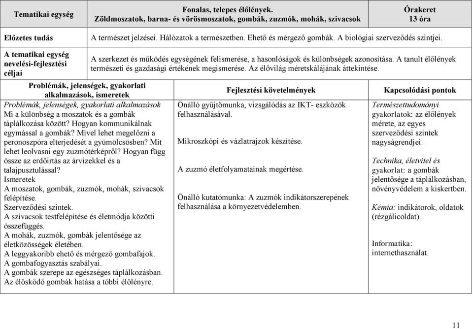 A tematikai egység nevelési-fejlesztési céljai Problémák, jelenségek, gyakorlati alkalmazások, ismeretek Problémák, jelenségek, gyakorlati alkalmazások Mi a különbség a moszatok és a gombák