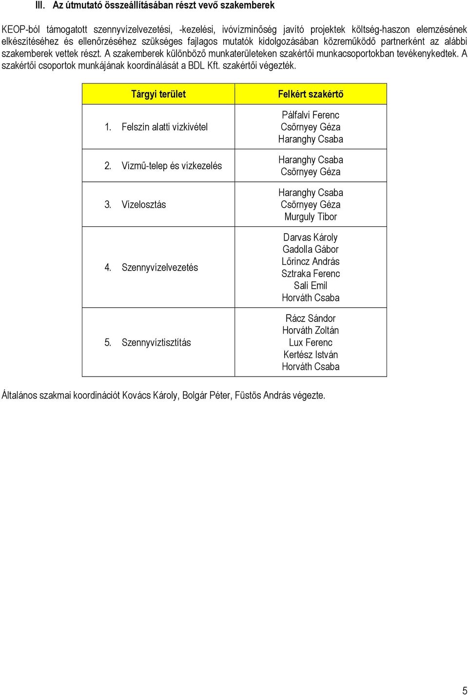 A szakértıi csoportok munkájának koordinálását a BDL Kft. szakértıi végezték. Tárgyi terület 1. Felszín alatti vízkivétel 2. Vízmő-telep és vízkezelés 3. Vízelosztás 4. Szennyvízelvezetés 5.