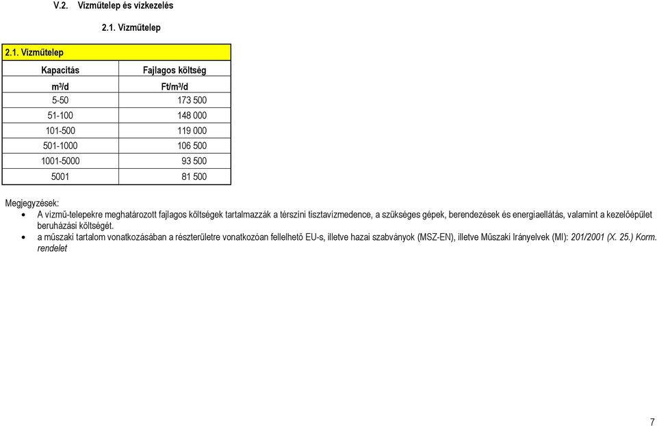 tisztavízmedence, a szükséges gépek, berendezések és energiaellátás, valamint a kezelıépület beruházási költségét.