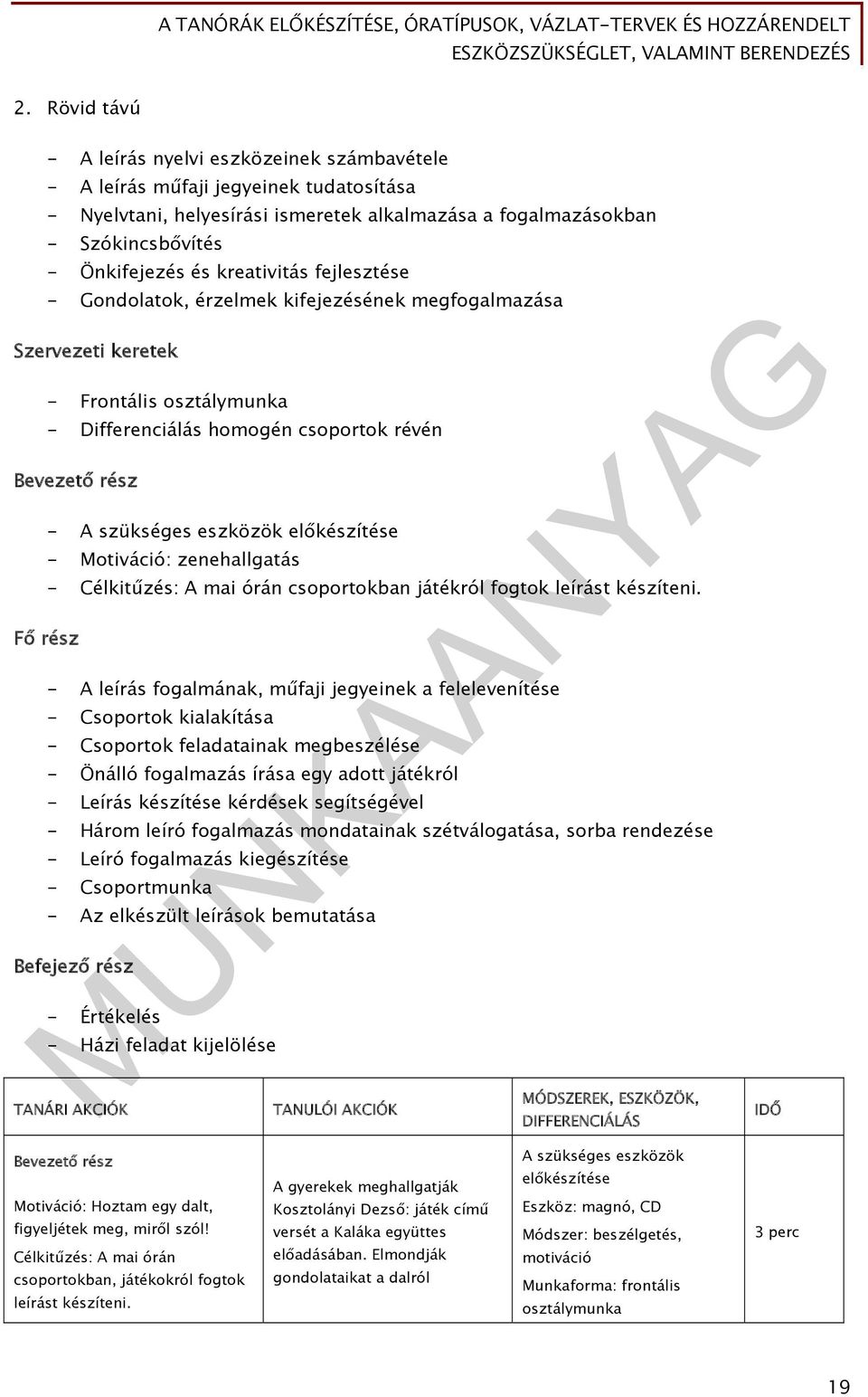 eszközök előkészítése - Motiváció: zenehallgatás - Célkitűzés: A mai órán csoportokban játékról fogtok leírást készíteni.