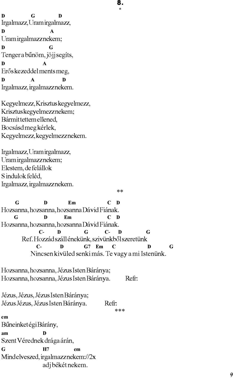 Irgalmazz, Uram irgalmazz, Uram irgalmazz nekem; Elestem, de felállok S indulok feléd, Irgalmazz, irgalmazz nekem. G D Em C D Hozsanna, hozsanna, hozsanna Dávid Fiának.