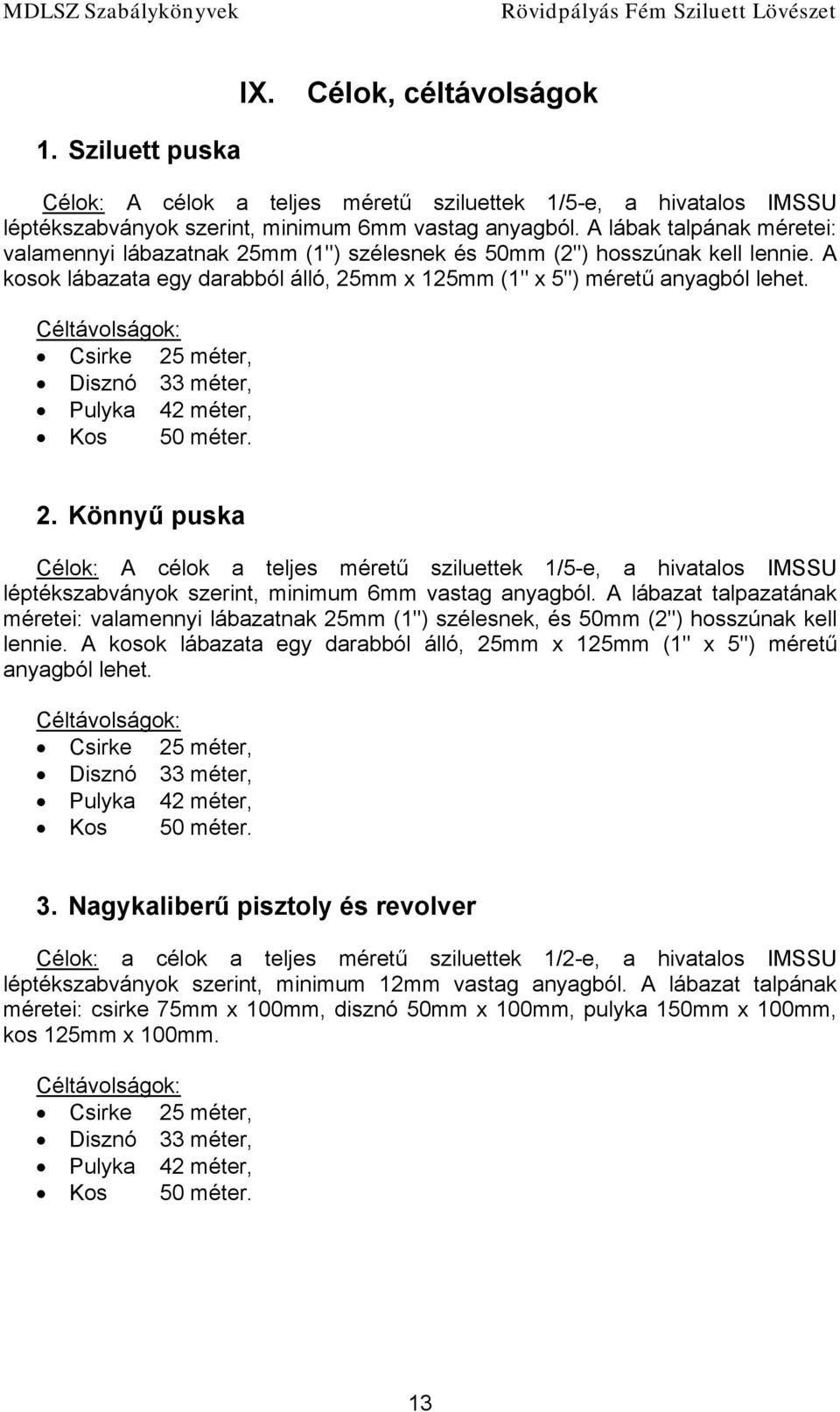 Céltávolságok: Csirke 25 méter, Disznó 33 méter, Pulyka 42 méter, Kos 50 méter. 2. Könnyű puska Célok: A célok a teljes méretű sziluettek 1/5-e, a hivatalos IMSSU léptékszabványok szerint, minimum 6mm vastag anyagból.