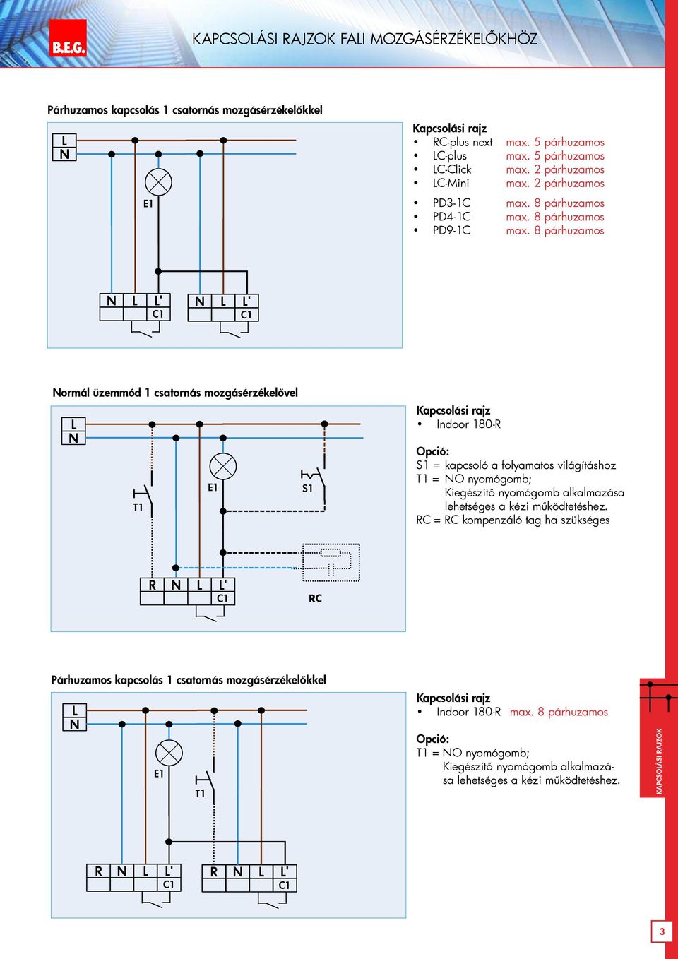 8 párhuzamos ormál üzemmód 1 csatornás mozgásérzékelővel S1 Indoor 180- S1 = kapcsoló a folyamatos világításhoz = no nyomógomb; Kiegészítő nyomógomb alkalmazása