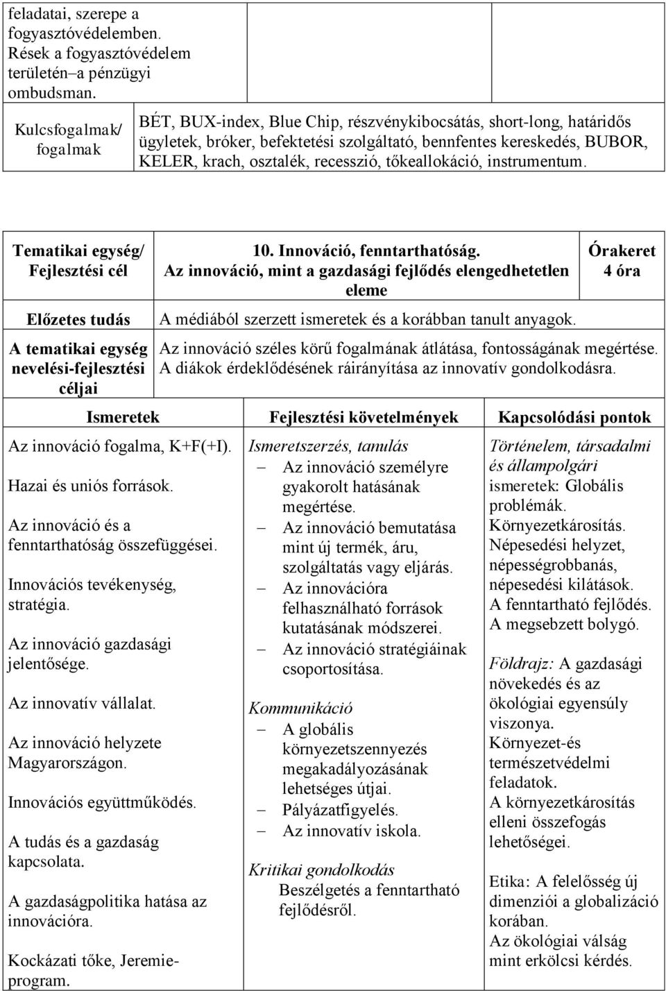 instrumentum. Tematikai egység/ Fejlesztési cél 10. Innováció, fenntarthatóság.