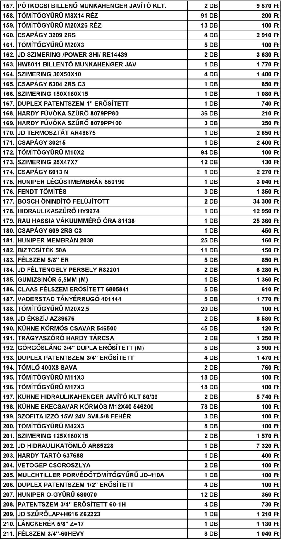 CSAPÁGY 6304 2RS C3 1 DB 850 Ft 166. SZIMERING 150X180X15 1 DB 1 080 Ft 167. DUPLEX PATENTSZEM 1" ERŐSÍTETT 1 DB 740 Ft 168. HARDY FÚVÓKA SZŰRŐ 8079PP80 36 DB 210 Ft 169.
