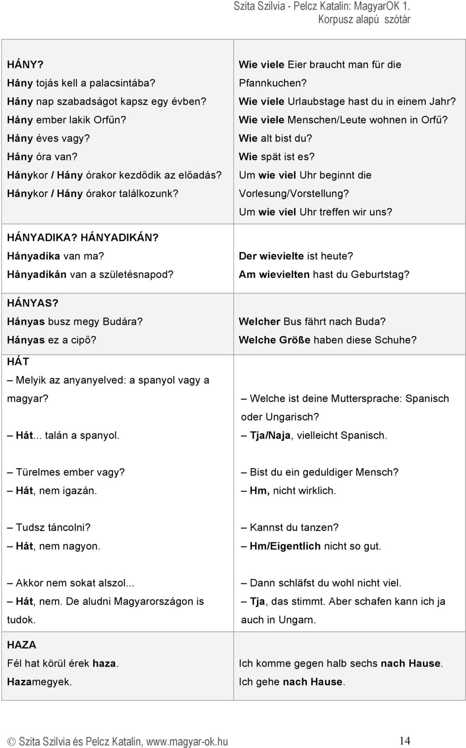 HÁT Melyik az anyanyelved: a spanyol vagy a magyar? Hát... talán a spanyol. Wie viele Eier braucht man für die Pfannkuchen? Wie viele Urlaubstage hast du in einem Jahr?