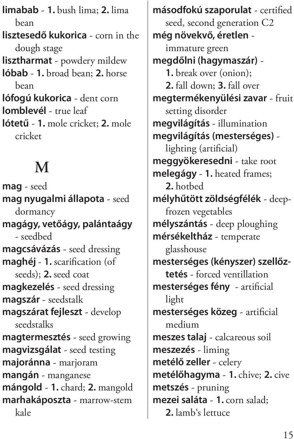 mole cricket M mag - seed mag nyugalmi állapota - seed dormancy magágy, vetőágy, palántaágy - seedbed magcsávázás - seed dressing maghéj - 1. scarification (of seeds); 2.