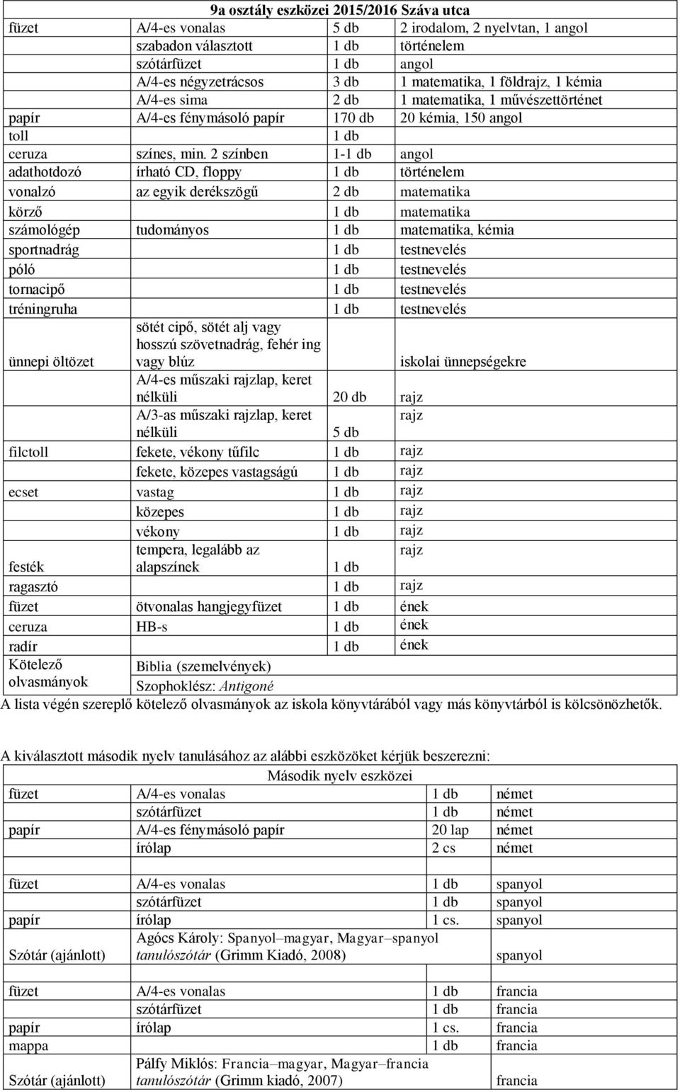 2 színben 1- angol adathotdozó írható CD, floppy történelem vonalzó az egyik derékszögű 2 db matematika körző matematika számológép tudományos matematika, kémia sportnadrág testnevelés póló