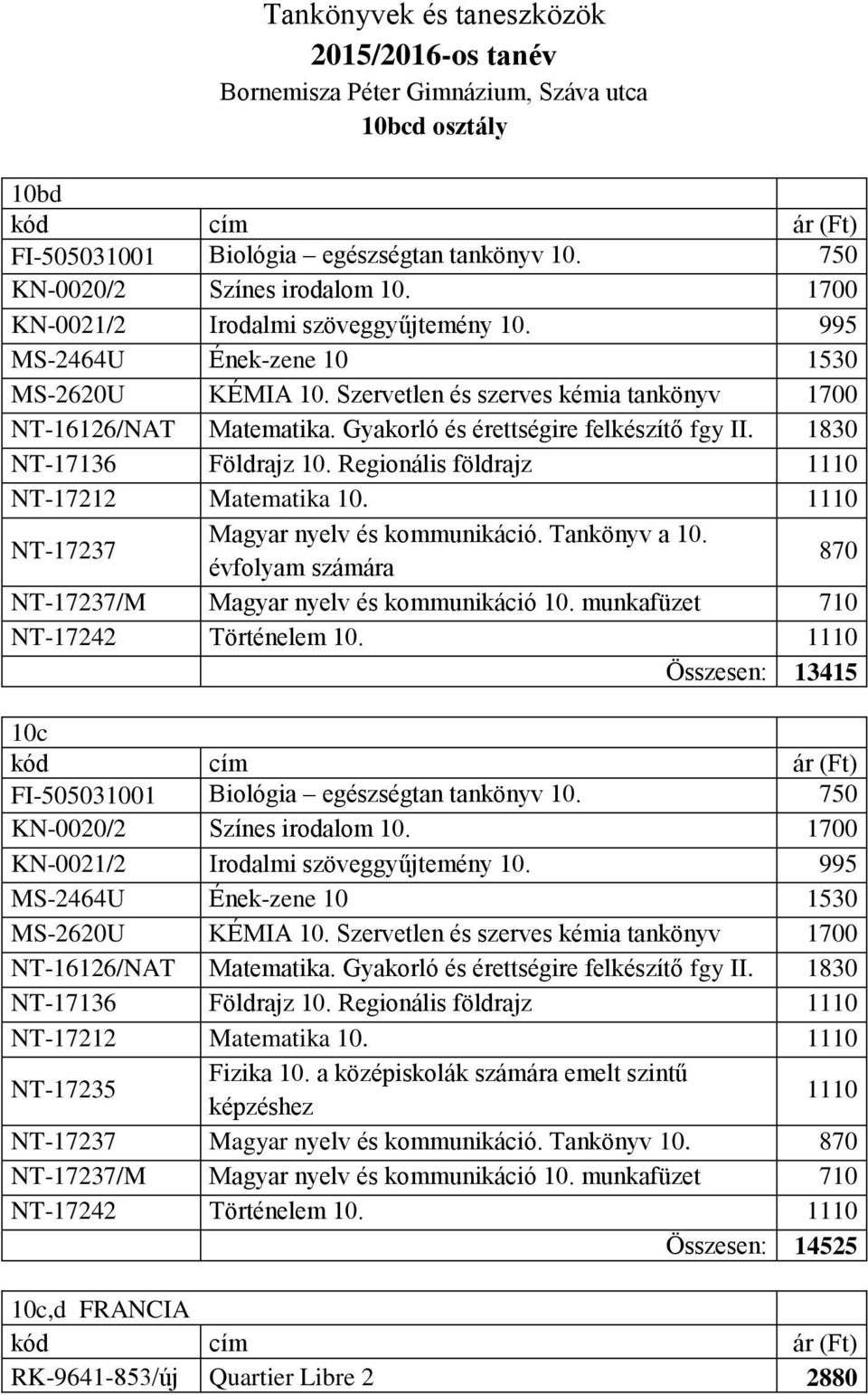 Gyakorló és érettségire felkészítő fgy II. 1830 NT-17136 Földrajz 10. Regionális földrajz 1110 NT-17212 Matematika 10. 1110 NT-17237 Magyar nyelv és kommunikáció. Tankönyv a 10.