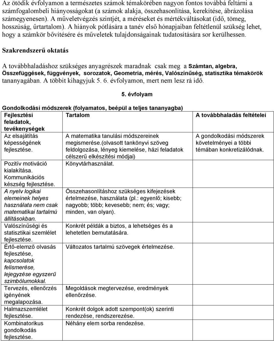 A hiányok pótlására a tanév első hónapjaiban feltétlenül szükség lehet, hogy a számkör bővítésére és műveletek tulajdonságainak tudatosítására sor kerülhessen.