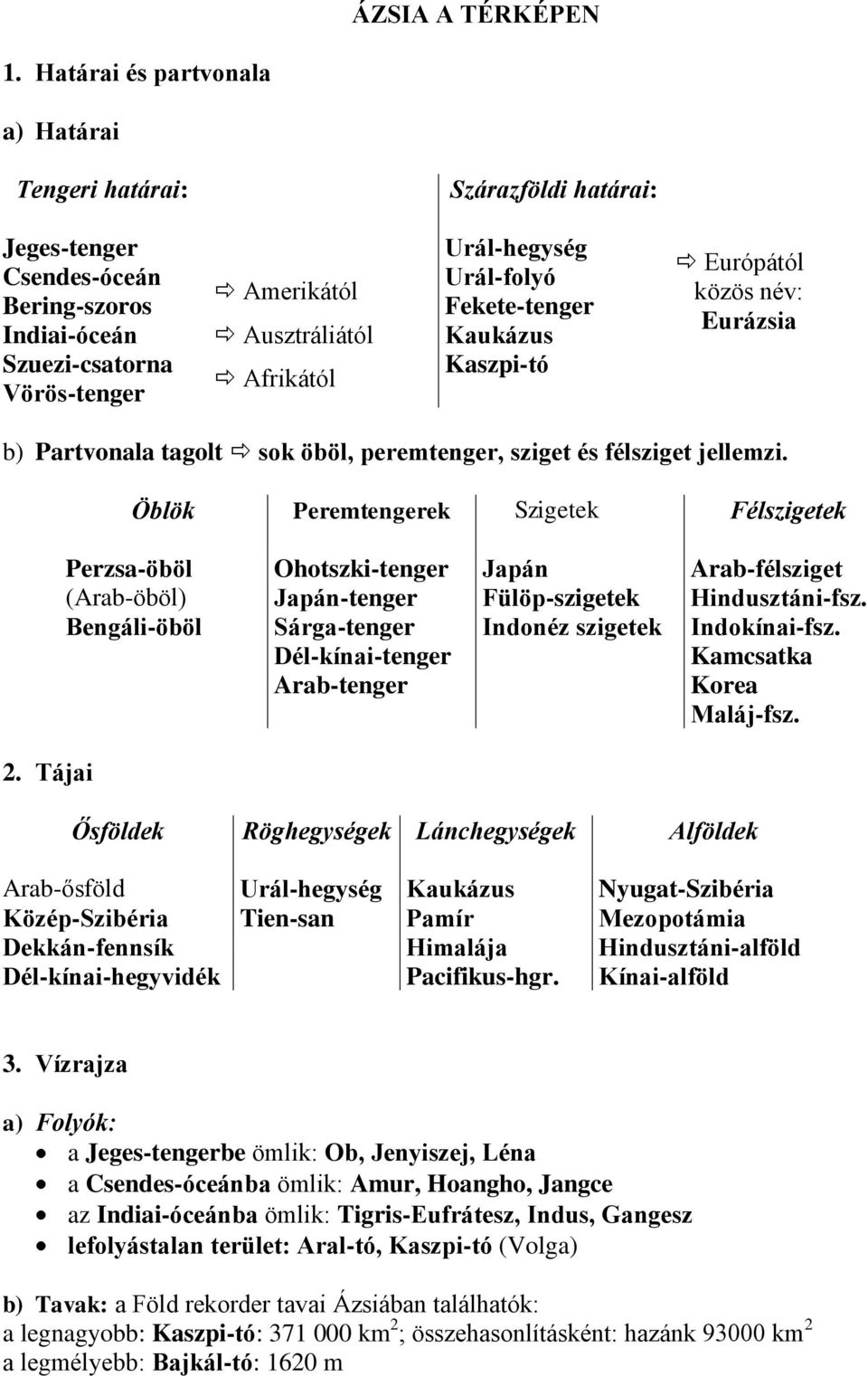 Urál-hegység Urál-folyó Fekete-tenger Kaukázus Kaszpi-tó Európától közös név: Eurázsia b) Partvonala tagolt sok öböl, peremtenger, sziget és félsziget jellemzi.