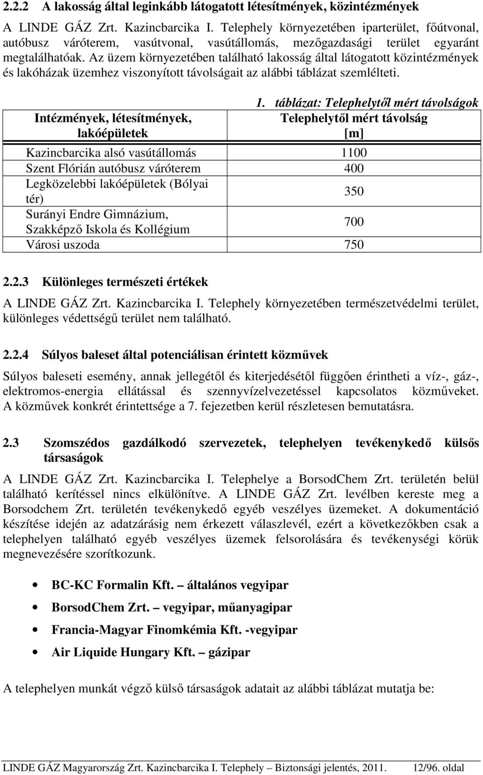 Az üzem környezetében található lakosság által látogatott közintézmények és lakóházak üzemhez viszonyított távolságait az alábbi táblázat szemlélteti. Intézmények, létesítmények, lakóépületek 1.