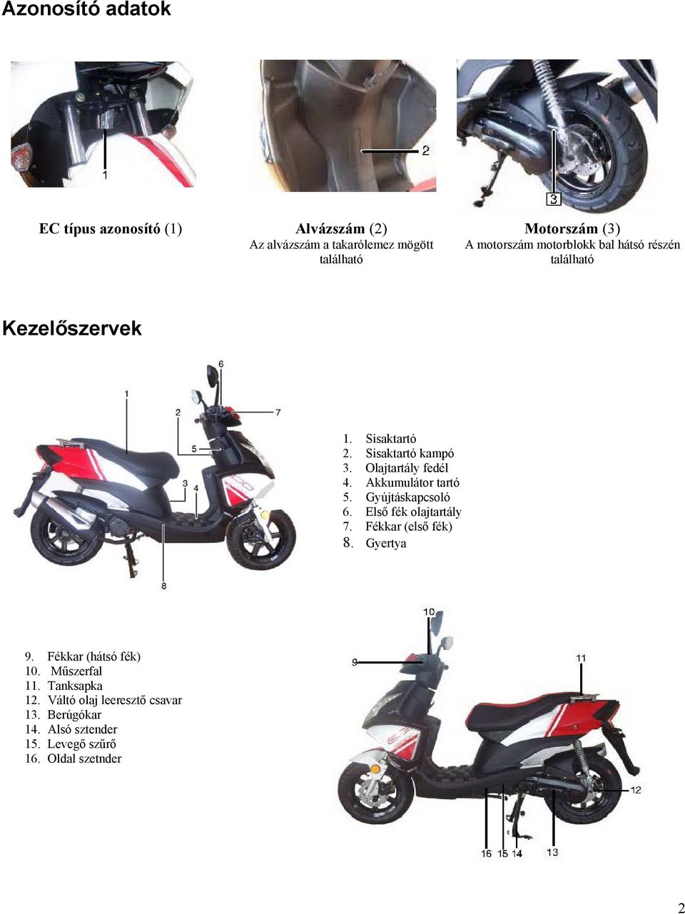 Akkumulátor tartó 5. Gyújtáskapcsoló 6. Első fék olajtartály 7. Fékkar (első fék) 8. Gyertya 9. Fékkar (hátsó fék) 10.