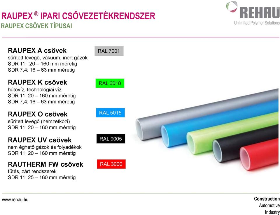 RAUPEX O csövek sűrített levegő (nemzetközi) SDR 11: 20 160 mm méretig RAUPEX UV csövek nem éghető gázok és folyadékok SDR 11: